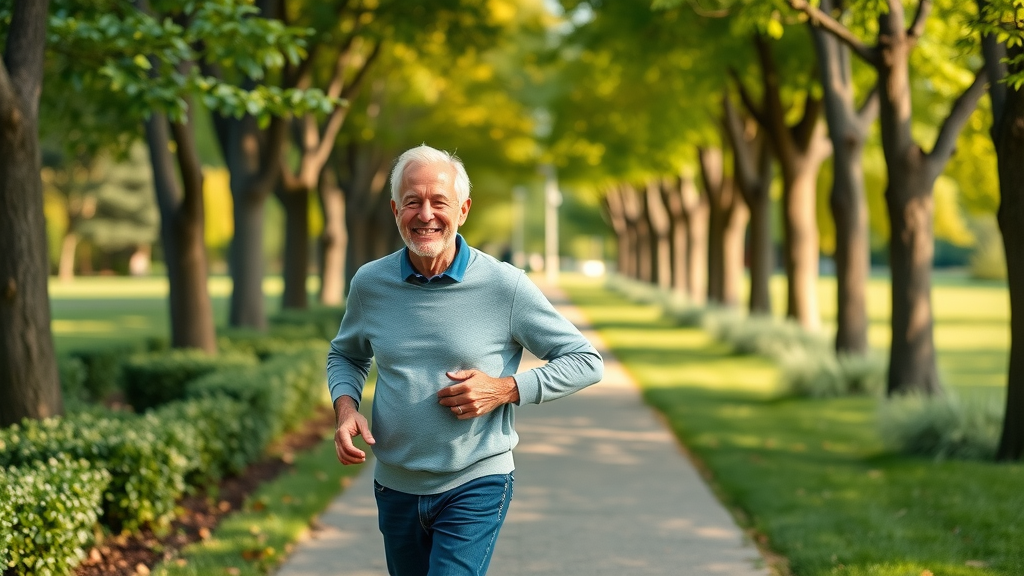 older adult couple brisk walking for healthy aging strategies in a park