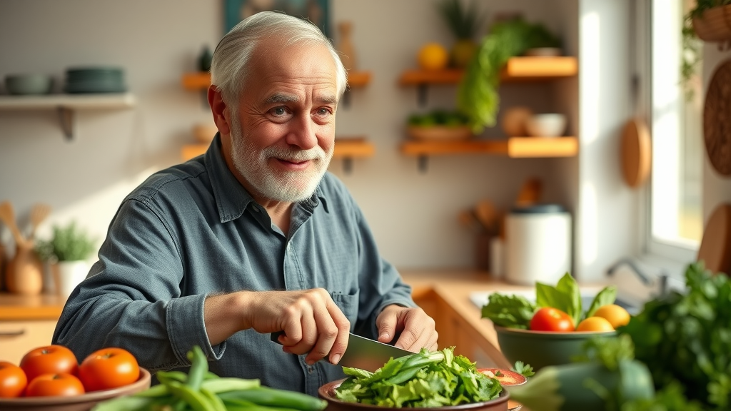 primary prevention for seniors—senior man preparing fresh vegetables in a cheerful, sunlit kitchen