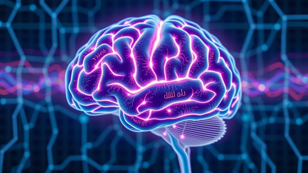 futuristic brain with glowing neural pathways representing synaptic homeostasis and cognitive performance