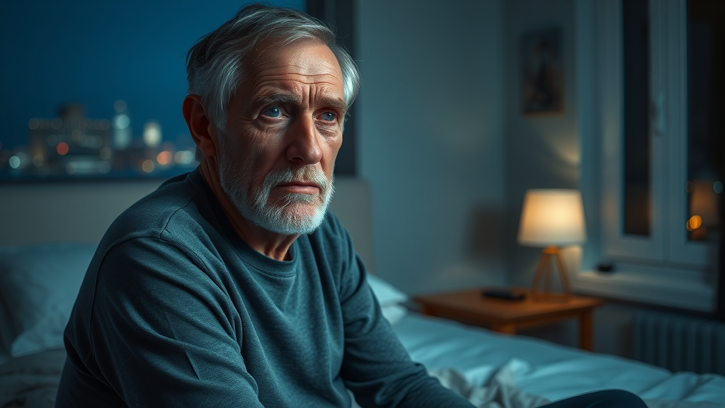 elderly man struggling with insomnia, sleep disorder, impact of sleep on senior brain health, worried, city lights, nighttime, muted blue tones, highly detailed