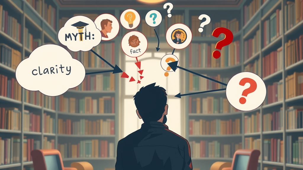 Contemplative silhouette surrounded by aging myths and facts icons related to the biological aging process