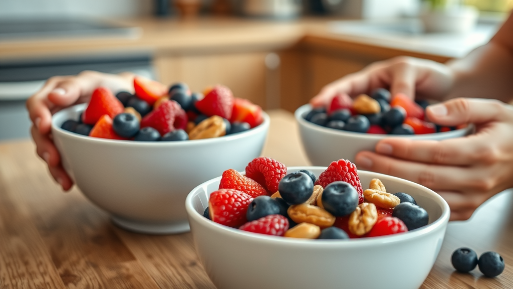 Healthy vibrant bowls of berries and nuts for breakfast, foods that give seniors energy