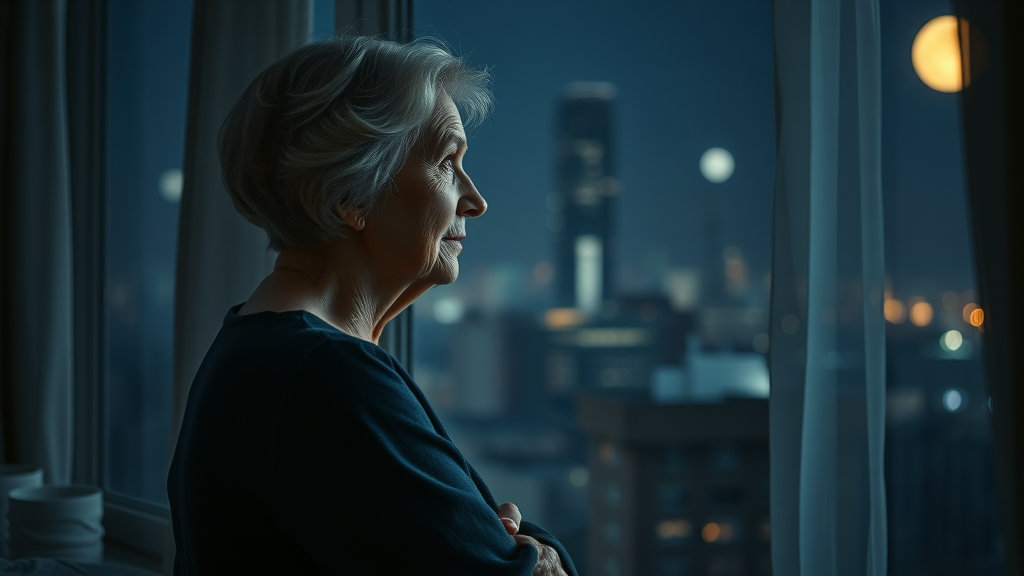 sleep habits of older adults, reflective older woman looking out bedroom window at night, city skyline, ambient moonlight