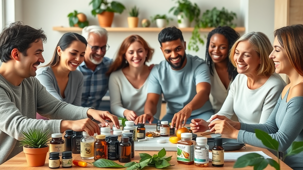 diverse adults enjoying herbal supplements for health in a sunlit kitchen