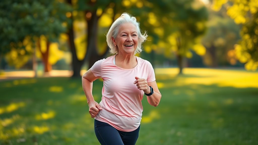dynamic elderly woman jogging in a sunlit park, healthy aging through physical exercise, anti-aging strategies, golden sunlight
