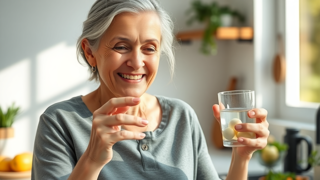 senior woman taking natural kidney supplements with healthy kitchen background