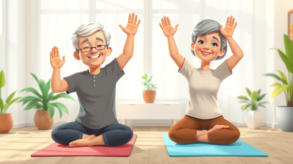 elderly couple yoga stretching for better sleep and depression relief