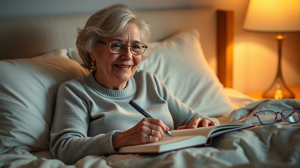 smiling senior woman journaling in bed for insomnia in seniors, marking progress in sleep routine
