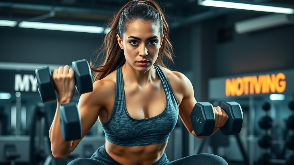 Athletic woman lifting dumbbells mid-squat; strength training for belly fat loss in women.
