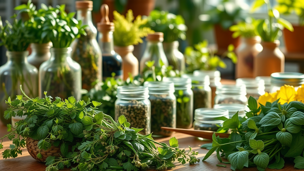 vibrant herbal apothecary showcasing herbal medicine for weight loss on a sunlit wooden table