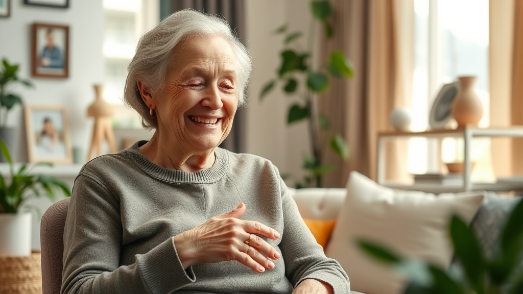 Compassionate elderly woman with attentive caregiver in cozy, sunlit living room, senior healthcare services