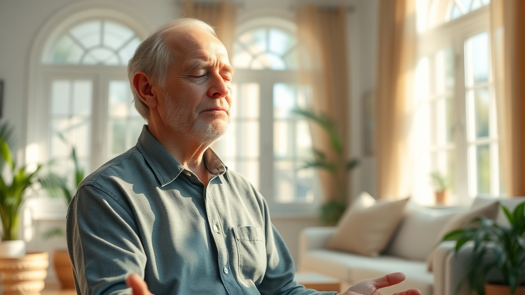 elderly man meditating for stress relief and healthy aging strategies in his home