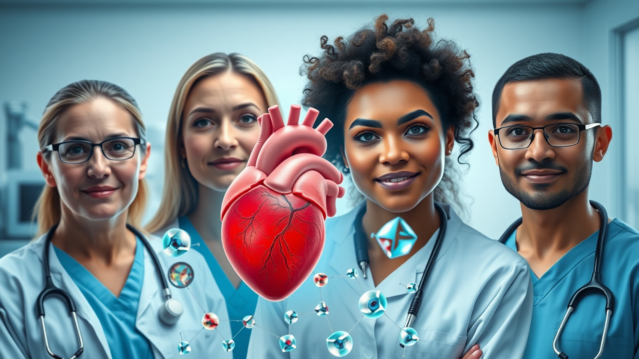 medical illustration demonstrating natural supplements lower cholesterol with diverse adults and heart model, clinical setting, visible cholesterol molecules