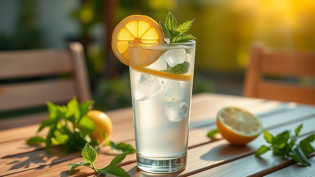 lemon water drink for weight loss and belly fat reduction with mint and citrus on a summer outdoor table
