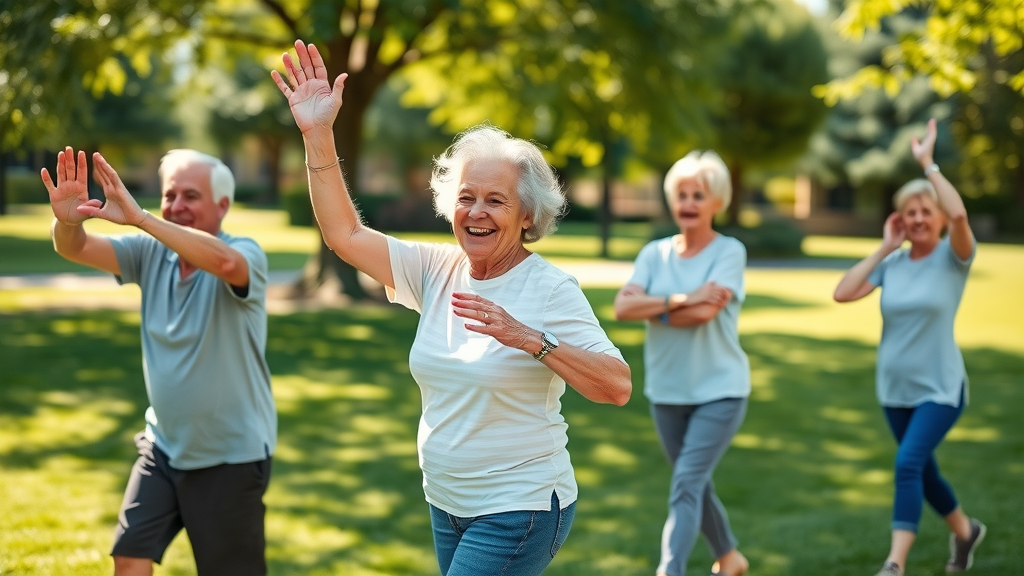 Cheerful seniors exercising for healthy aging and longevity