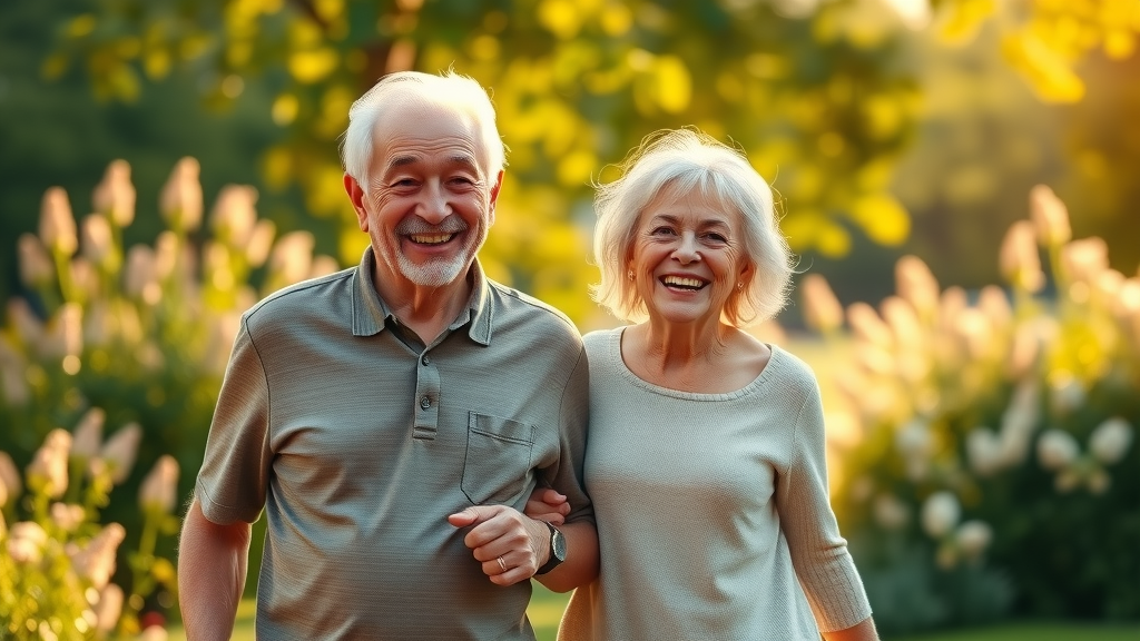 vibrant elderly couple healthy aging and longevity walking in a sunlit park with lush greenery and blooming flowers