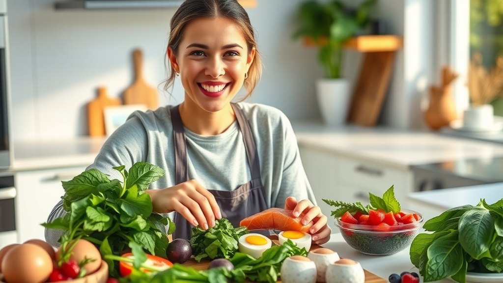 Person preparing meal with nerve-healing foods: spinach, salmon, eggs, and berries, supporting nerve health in the kitchen