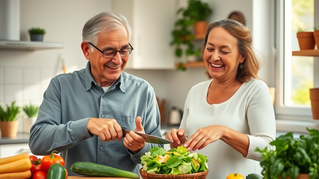 Senior couple preparing healthy food for longevity in the kitchen