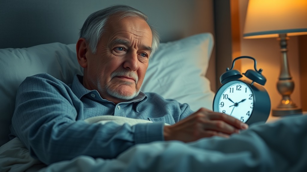 elderly man looking at bedside clock due to insomnia in seniors, tired, concerned, lying awake in bed at night
