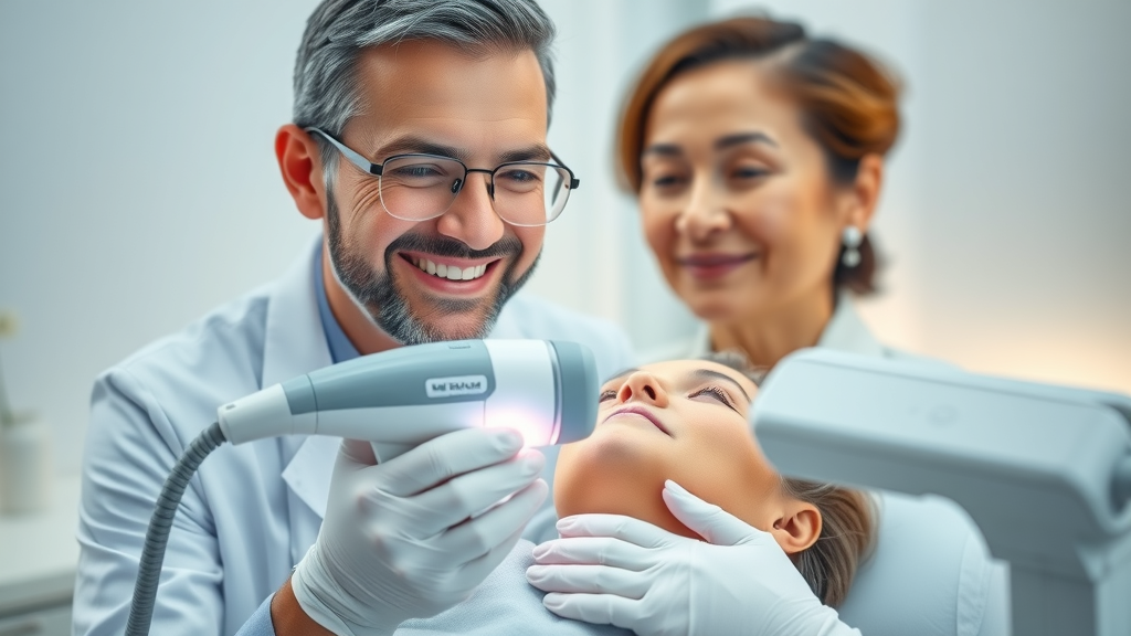 smiling dermatologist performing laser treatment on middle-aged patient, clinical anti-aging strategies, skin aging, gentle environment