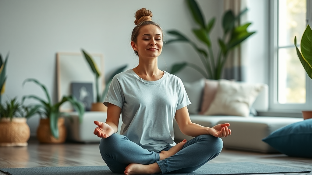woman practicing mindfulness and breathing to reduce belly fat without exercise