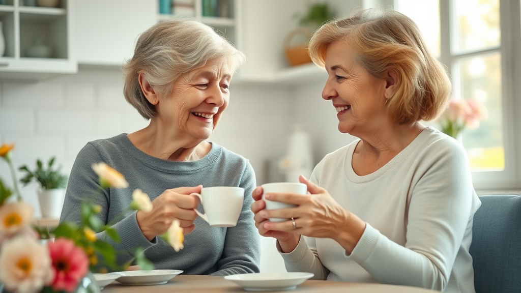 Caring adult daughter and elderly mother discussing mental health and sleep support