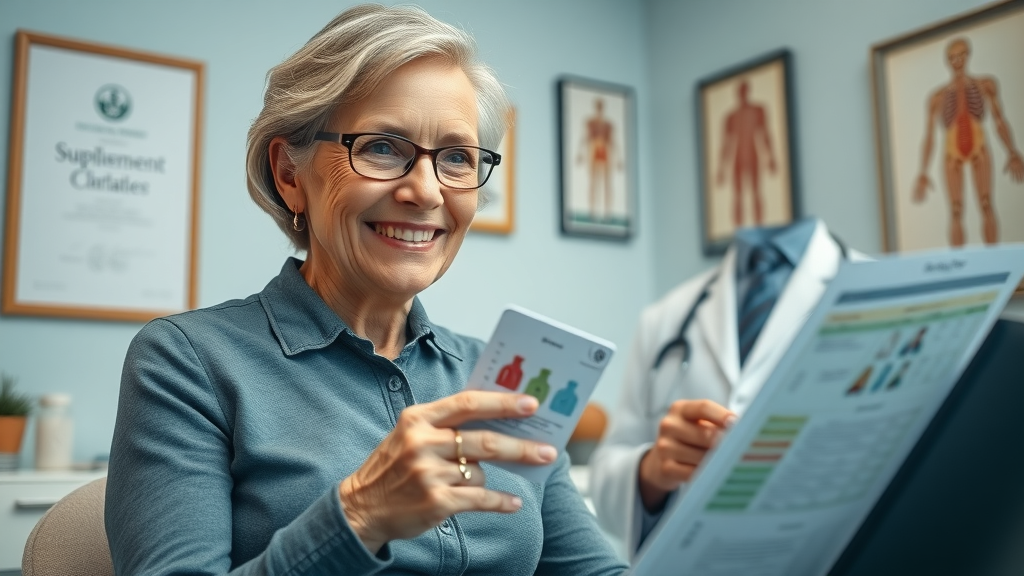 Empowered senior woman consulting doctor about nutritional supplements for healthy aging.