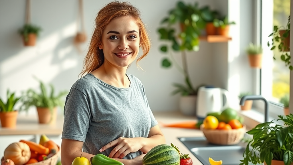 confident woman standing in sunlit kitchen surrounded by healthy foods - how to lose weight naturally