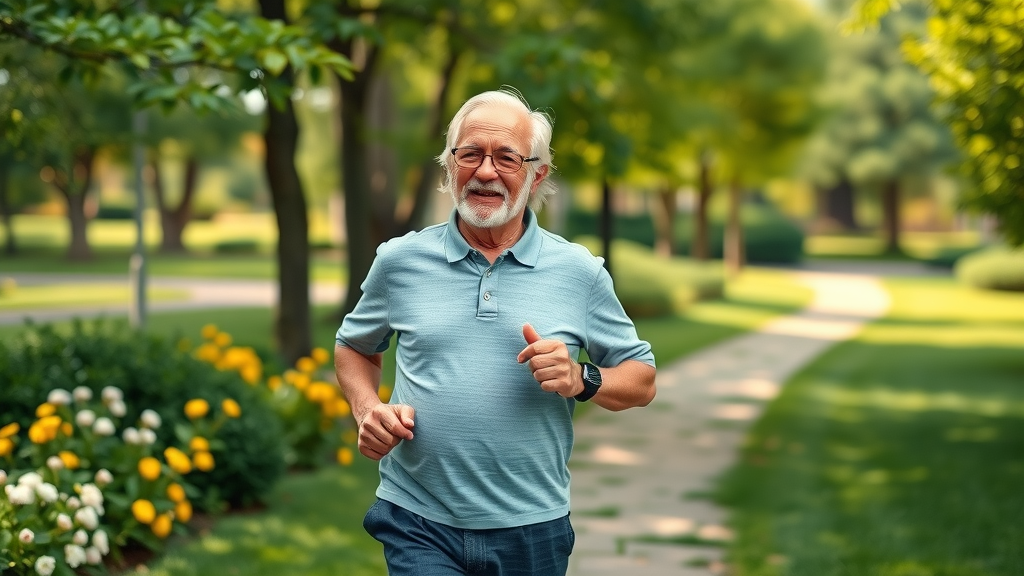 Hopeful elderly man jogging in a scenic park as part of age-related diseases prevention