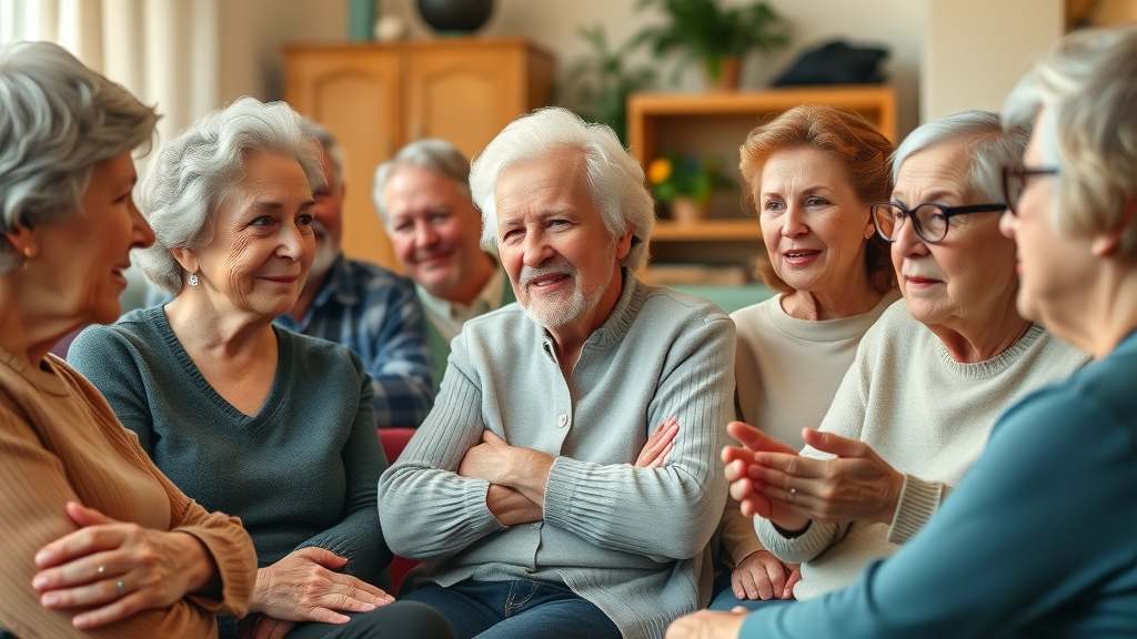 Support group for older adults discussing signs of poor mental health and sleep disturbance