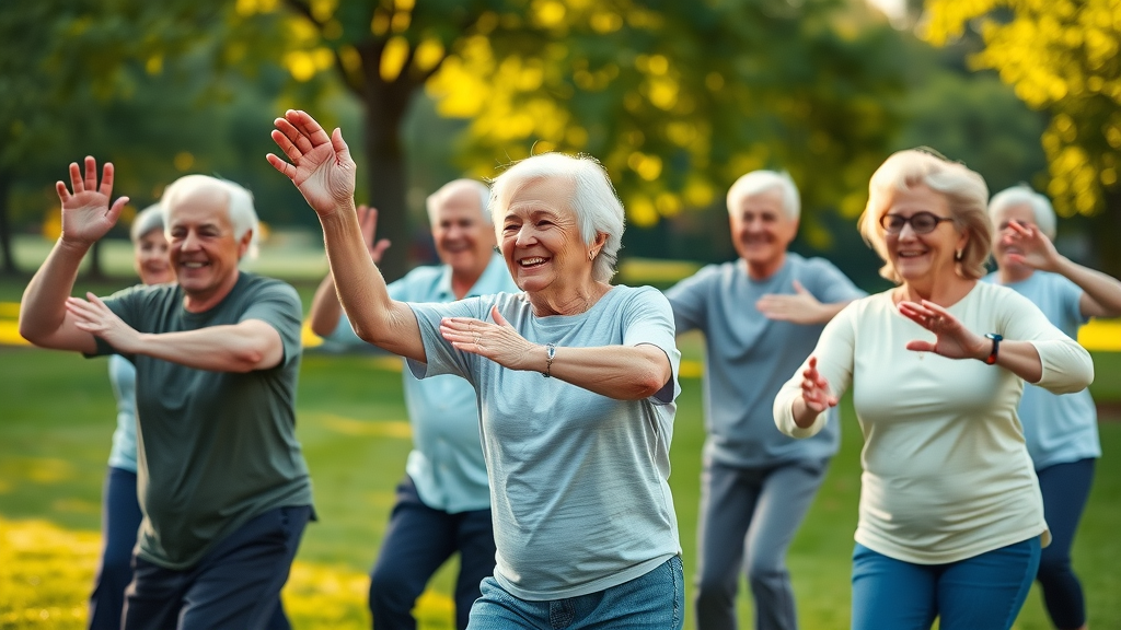 Active group of elderly people, exercising together in a park, promoting mental health in older adults