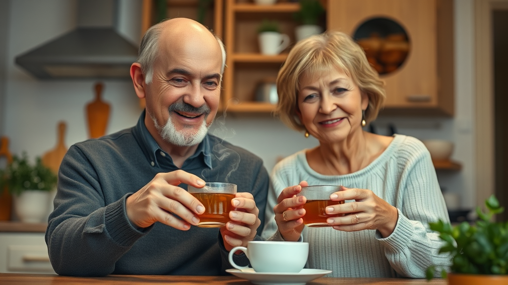 serene senior couple making herbal tea for improved senior sleep quality in a cozy evening kitchen setting