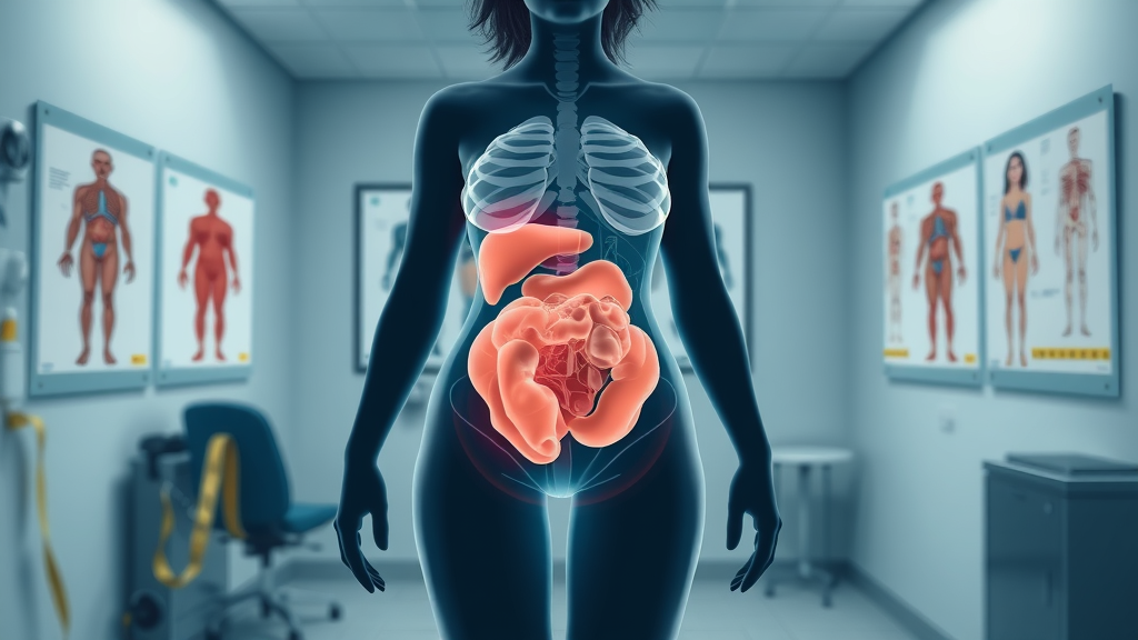 Female silhouette highlighting visceral and subcutaneous fat areas in a medical setting. get rid of belly fat women infographic