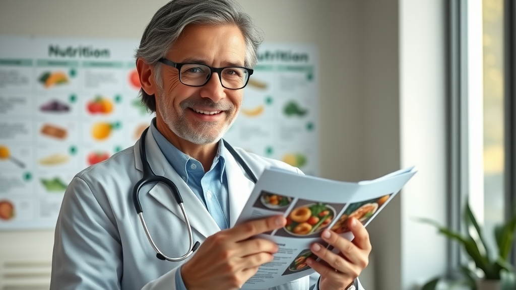 nutritionist holding notepad with healthy food, focusing on advice for how to get a flat stomach without exercise