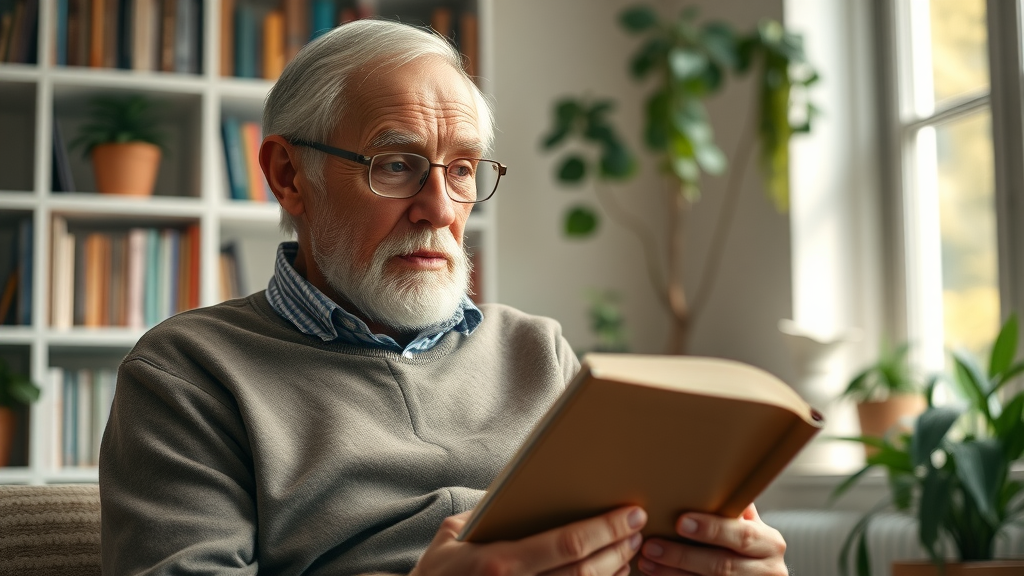 wise older adult healthy aging reading a book at home with natural sunlight and houseplants