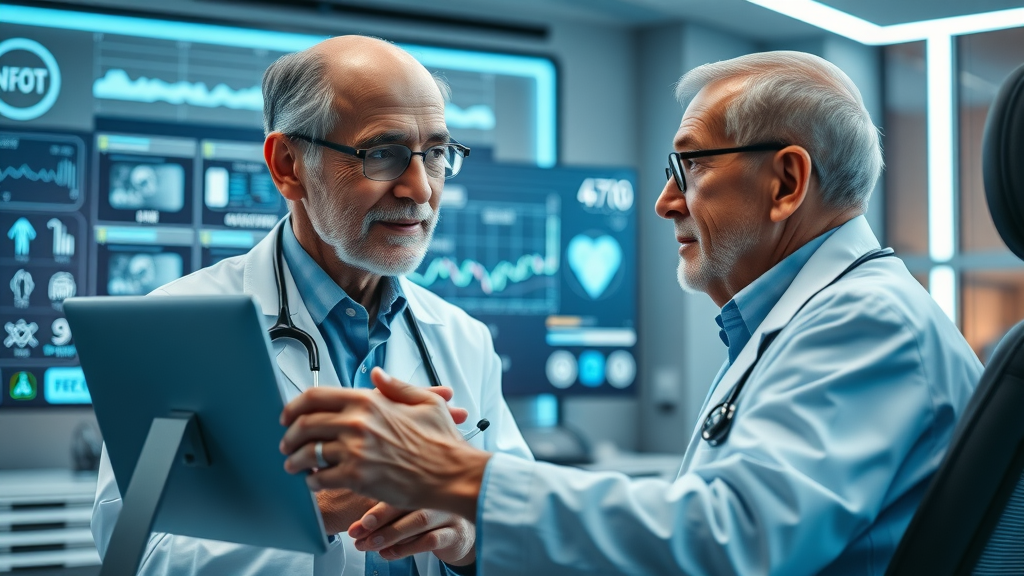 Telemedicine in geriatric care, older adult and doctor interacting with digital health devices