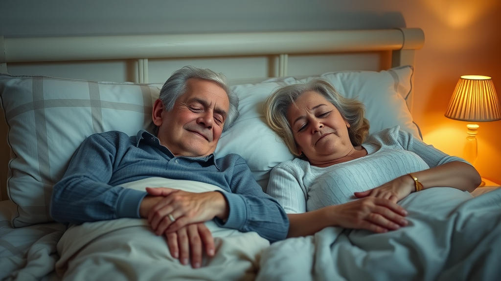 elderly sleep disorders serene elderly couple resting peacefully in a cozy bedroom content expression lying down together photorealistic high fidelity lifelike softly lit room gentle decor highly detailed peaceful nighttime warm tones soft ambient lighting