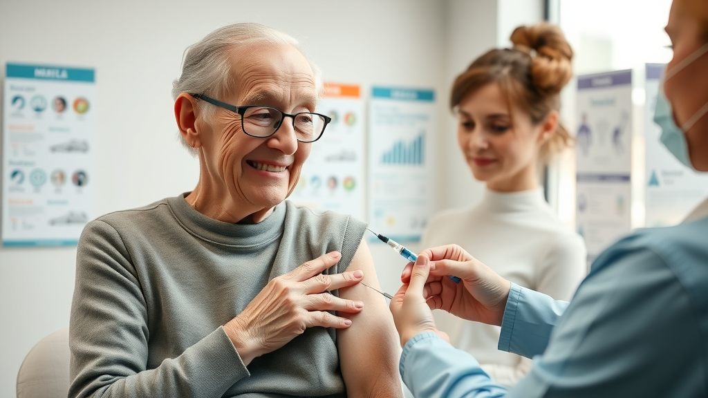 preventive services for seniors—elderly couple receiving vaccinations from a nurse in a bright, welcoming medical office