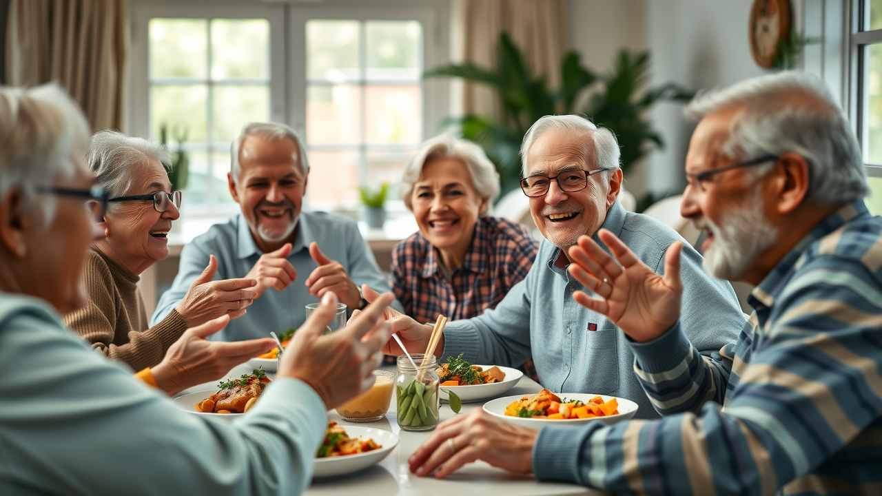 Vibrant group of seniors enjoying healthy meal in cozy dining room; senior nutrition in communal setting