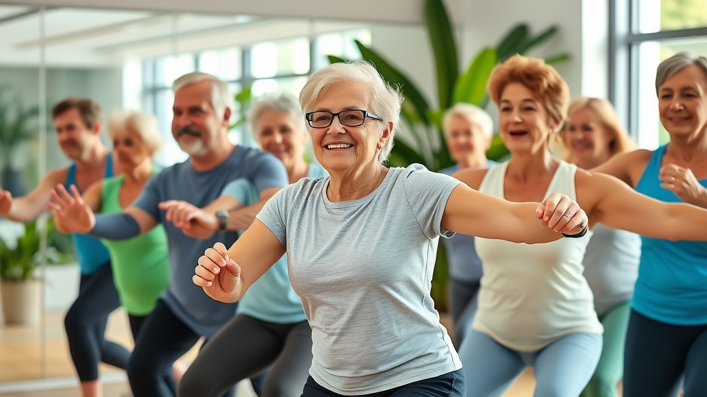 Adults in group aerobic exercise to lose belly fat and get rid of fat stomach in a modern gym setting.