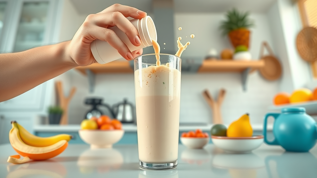 preparing a healthy protein shake for weight loss in a bright kitchen with fruit bowls and fitness gear