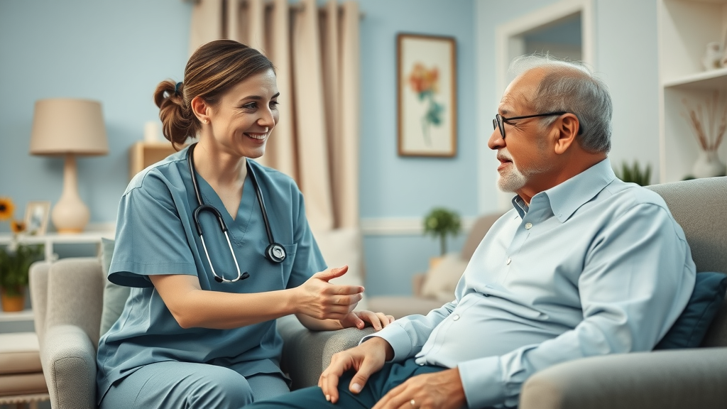 Compassionate healthcare worker with elderly man discussing sleep and mental health