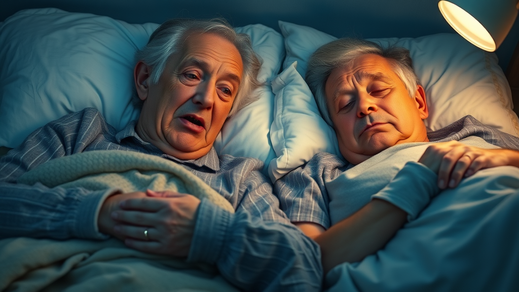 elderly couple experiencing sleep disorders, demonstrating insomnia in seniors with snoring and restlessness in the bedroom