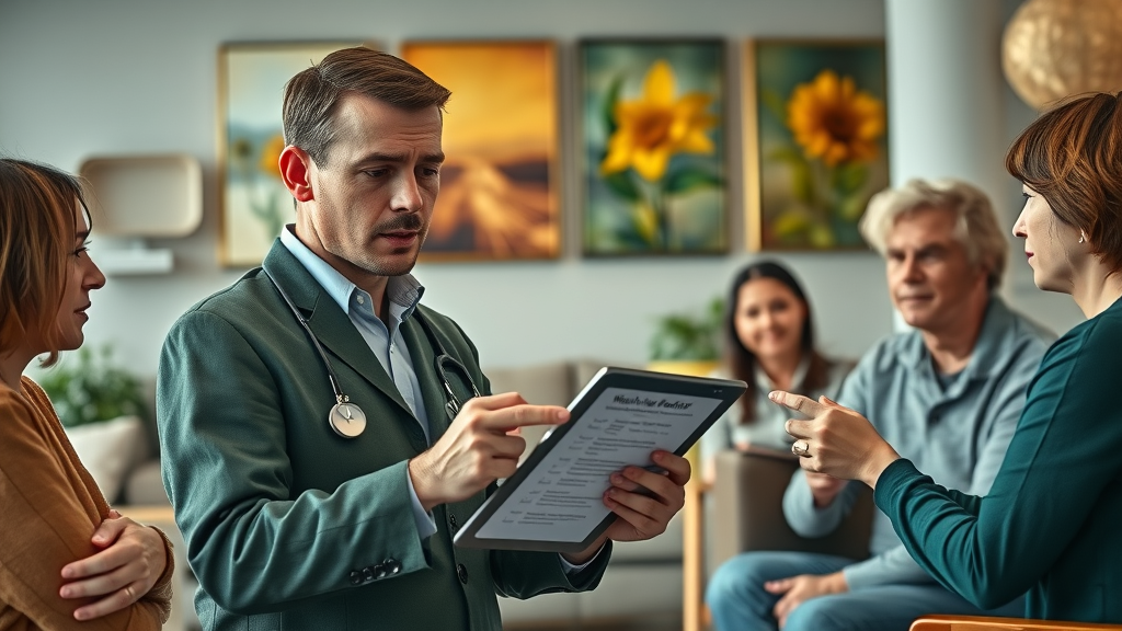 Diligent healthcare manager presenting senior healthcare services checklist to attentive family