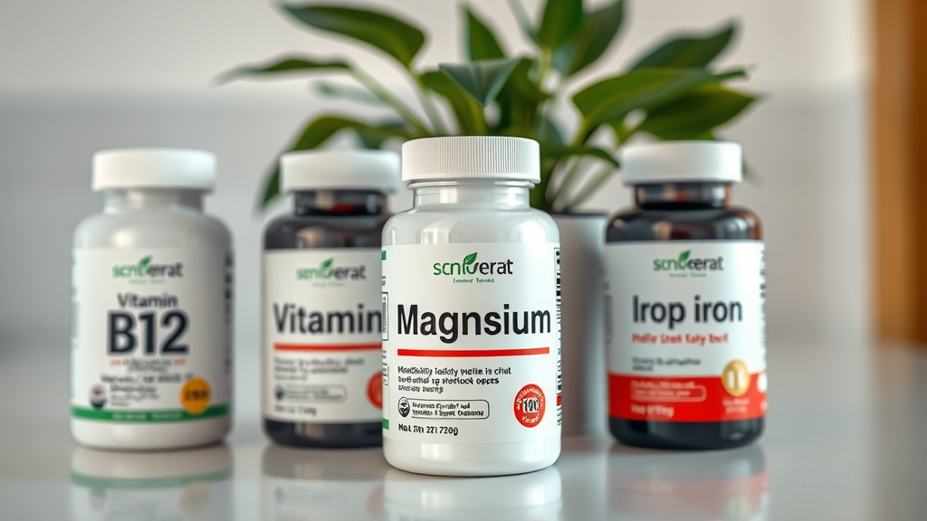 Selection of supplement bottles for vitamin B12, magnesium, and iron, the best natural supplements for energy levels
