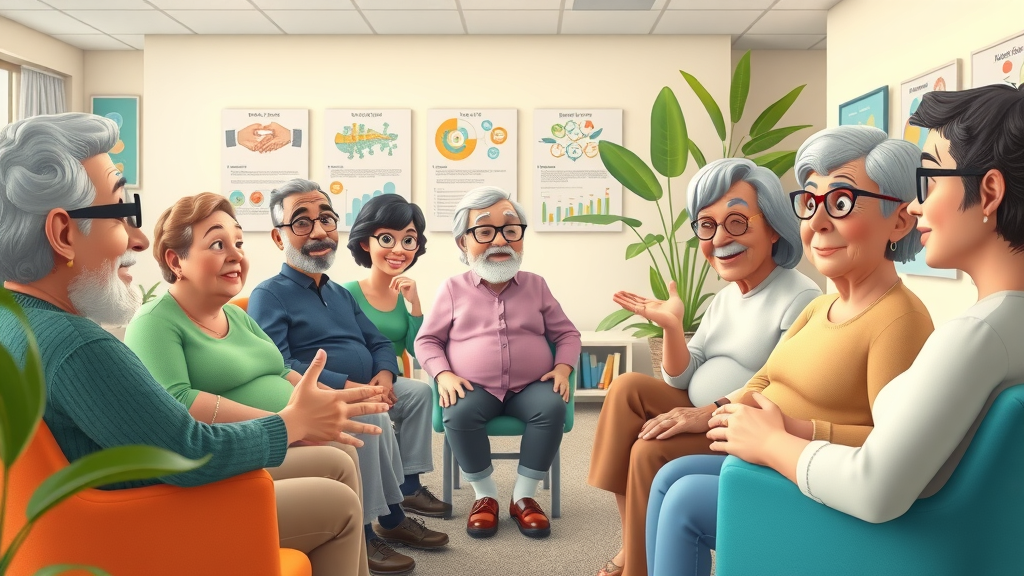 diverse group of seniors discussing sleep myths related to insomnia in seniors, in an educational community center setting