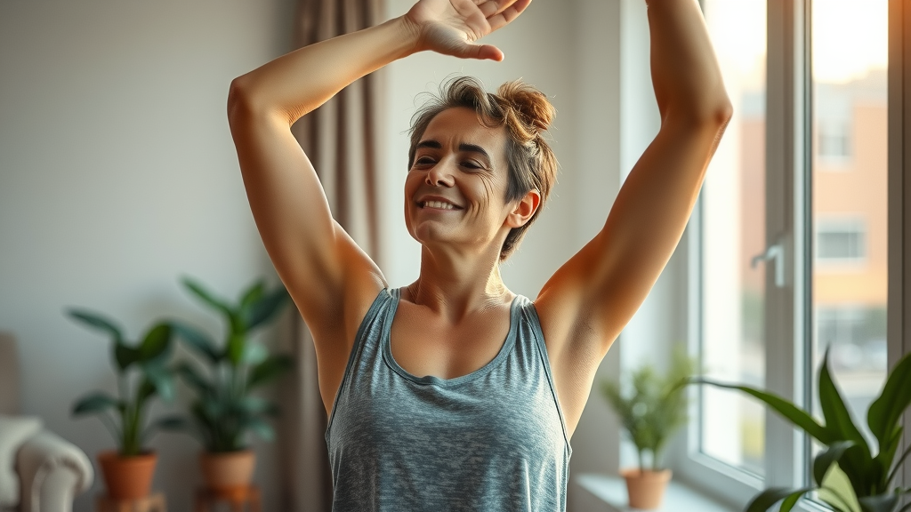 relaxed healthy individual stretching arms by window - maintaining natural weight loss
