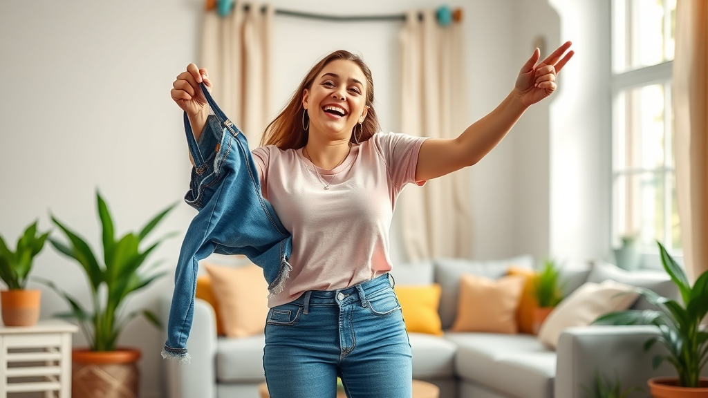 Joyful woman celebrating weight loss success, holding large jeans after losing belly fat.
