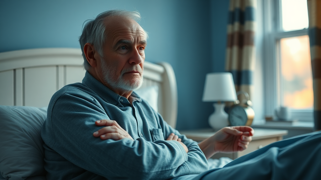 circadian rhythm elderly sleep disorders thoughtful elderly man sitting on bed introspective looking at clock photorealistic high fidelity lifelike bedroom at dawn soft blue hues morning light calm atmosphere cool colors window lighting