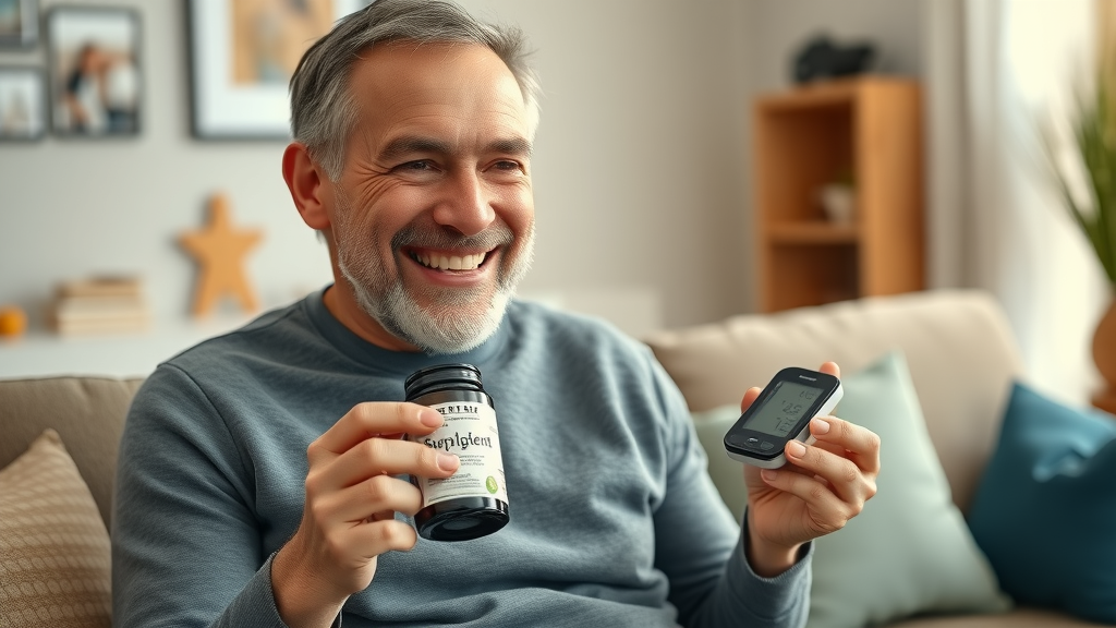 happy middle-aged person holding blood pressure supplement and digital BP monitor with healthy reading in cozy living room